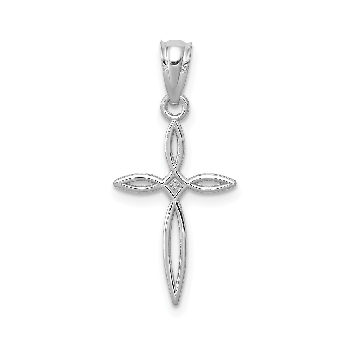 14k White Gold Cross Pendant with Openwork Ribbon Design, Lightweight Religious Charm