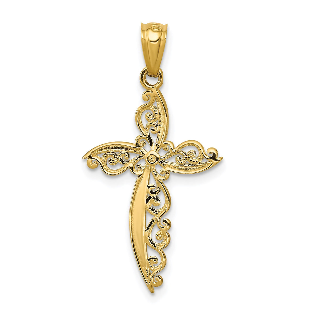 14k Yellow Gold Filigree Cross Pendant with Intricate Swirl Design and Polished Finish