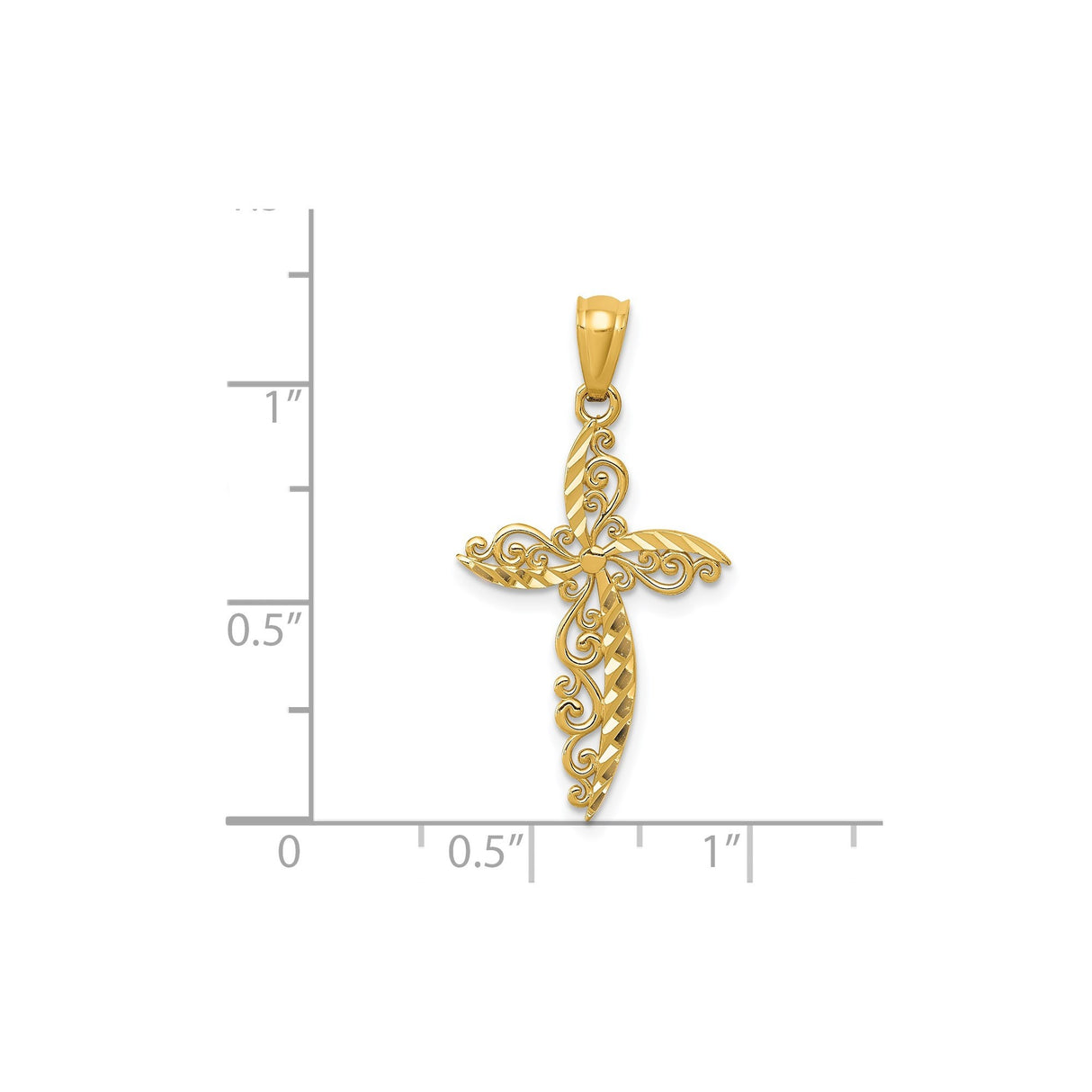 14k Yellow Gold Filigree Cross Pendant with Intricate Swirl Design and Polished Finish