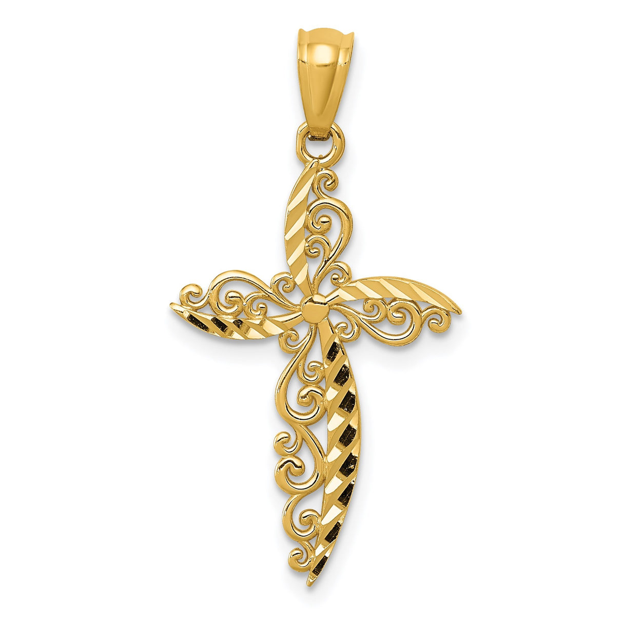 14k Yellow Gold Filigree Cross Pendant with Intricate Swirl Design and Polished Finish