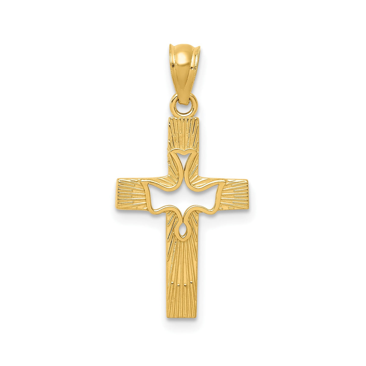 14k Yellow Gold Cross Pendant with Diamond Cut Dove and Sunburst Texture