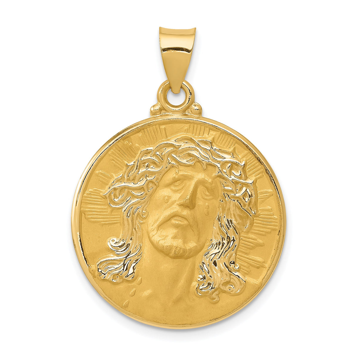 14k Yellow Gold Jesus Pendant with Radiant Halo and Crown of Thorns, Christ Medallion