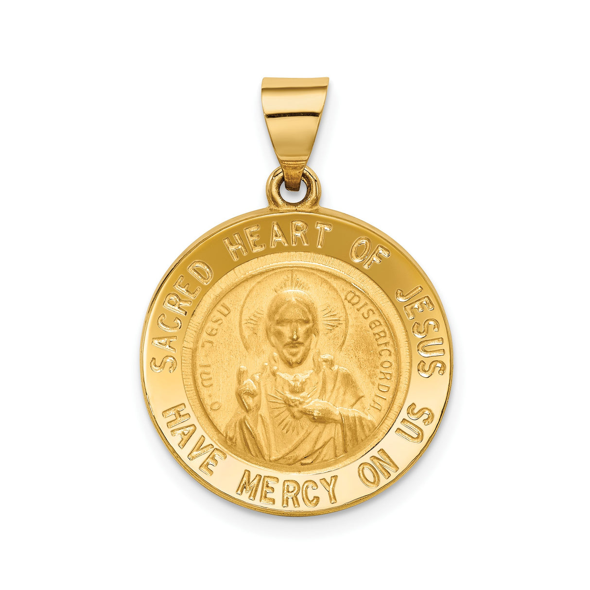 14k Yellow Gold Sacred Heart Jesus Pendant with Have Mercy On Us Inscription, Catholic Medal