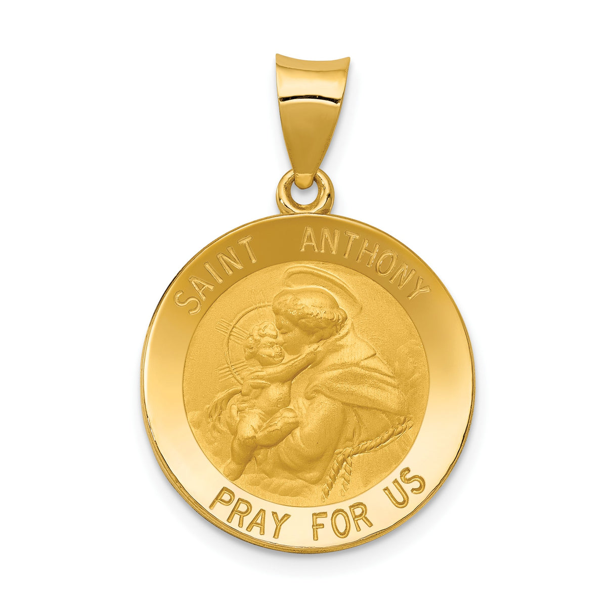14k Yellow Gold Saint Anthony Pendant with Embossed Image and Pray for Us Text