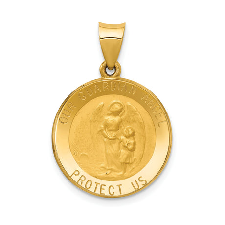 14k Yellow Gold Guardian Angel Pendant with Protect Us Engraving, Religious Medal for Women