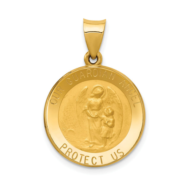 14k Yellow Gold Guardian Angel Pendant with Protect Us Engraving, Religious Medal for Women