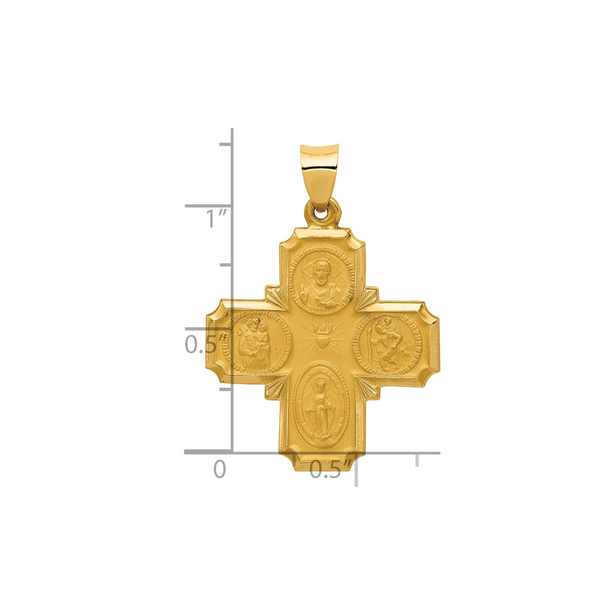 14k Yellow Gold Four-Way Cross Pendant with Sacred Heart, Virgin Mary, and Saint Medals