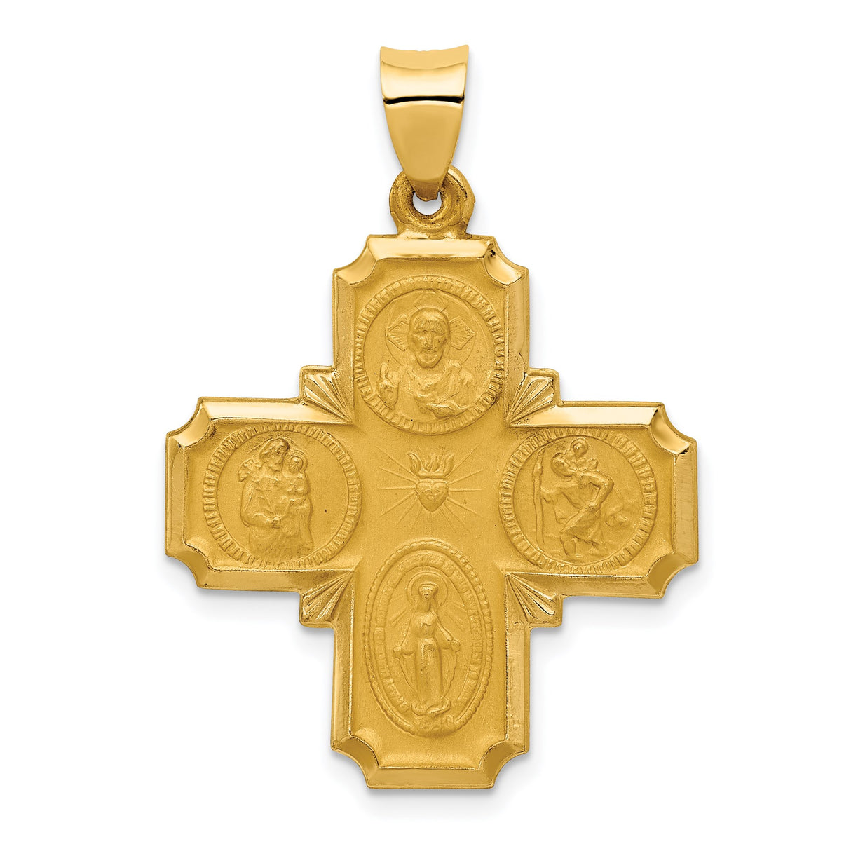 14k Yellow Gold Four-Way Cross Pendant with Sacred Heart, Virgin Mary, and Saint Medals