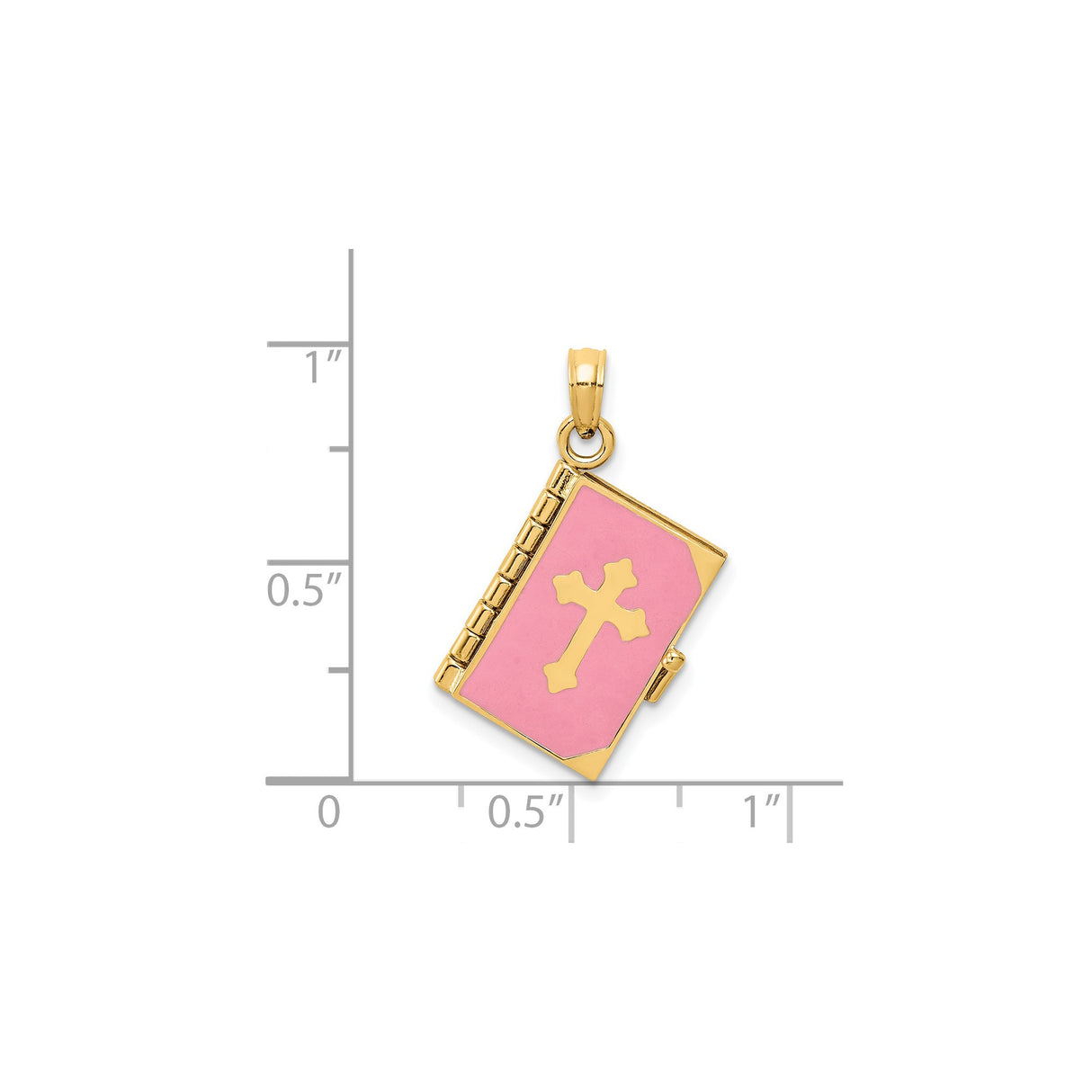 14k Yellow Gold Bible Locket Pendant with Pink Enamel and Raised Cross, Openable Religious Charm