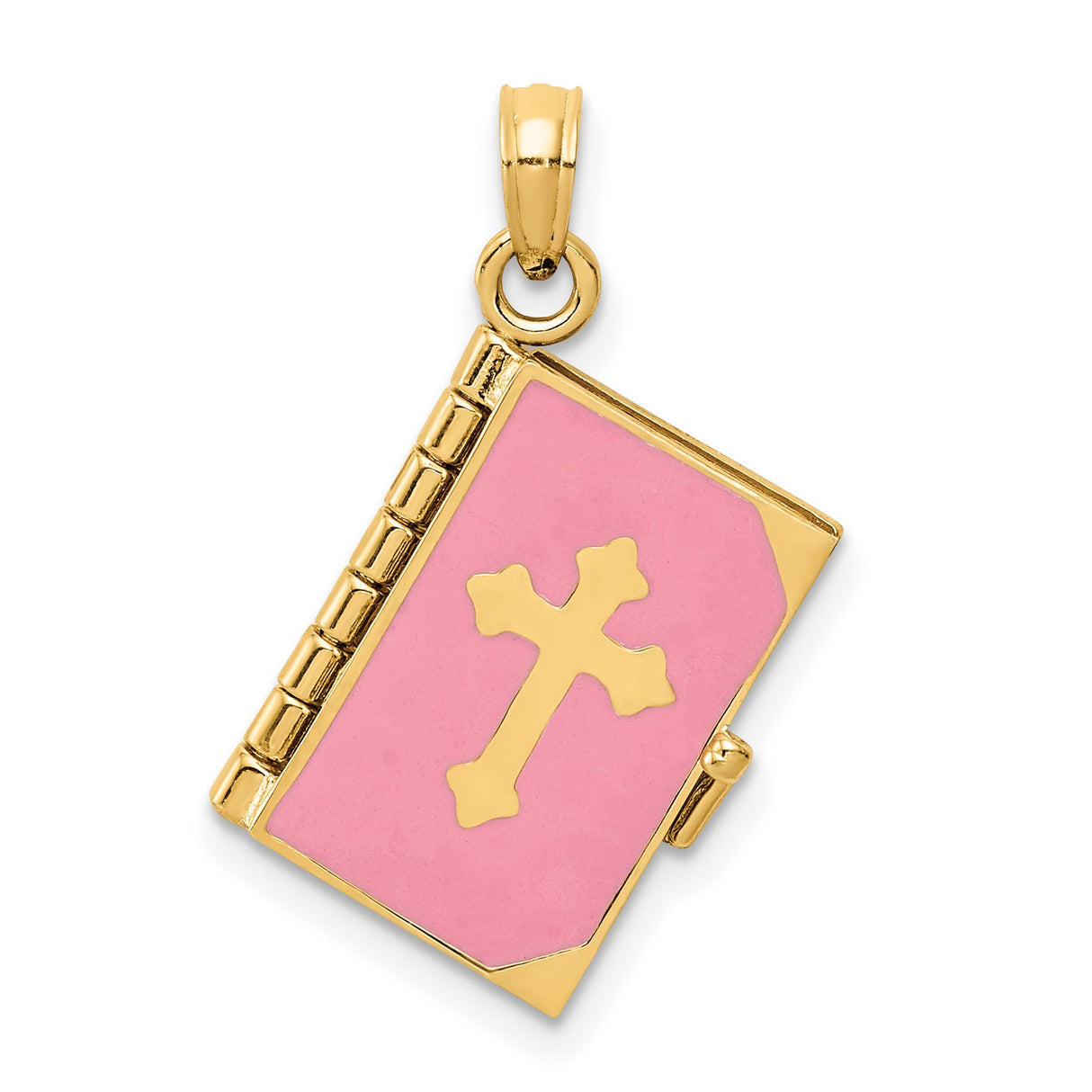 14k Yellow Gold Bible Locket Pendant with Pink Enamel and Raised Cross, Openable Religious Charm