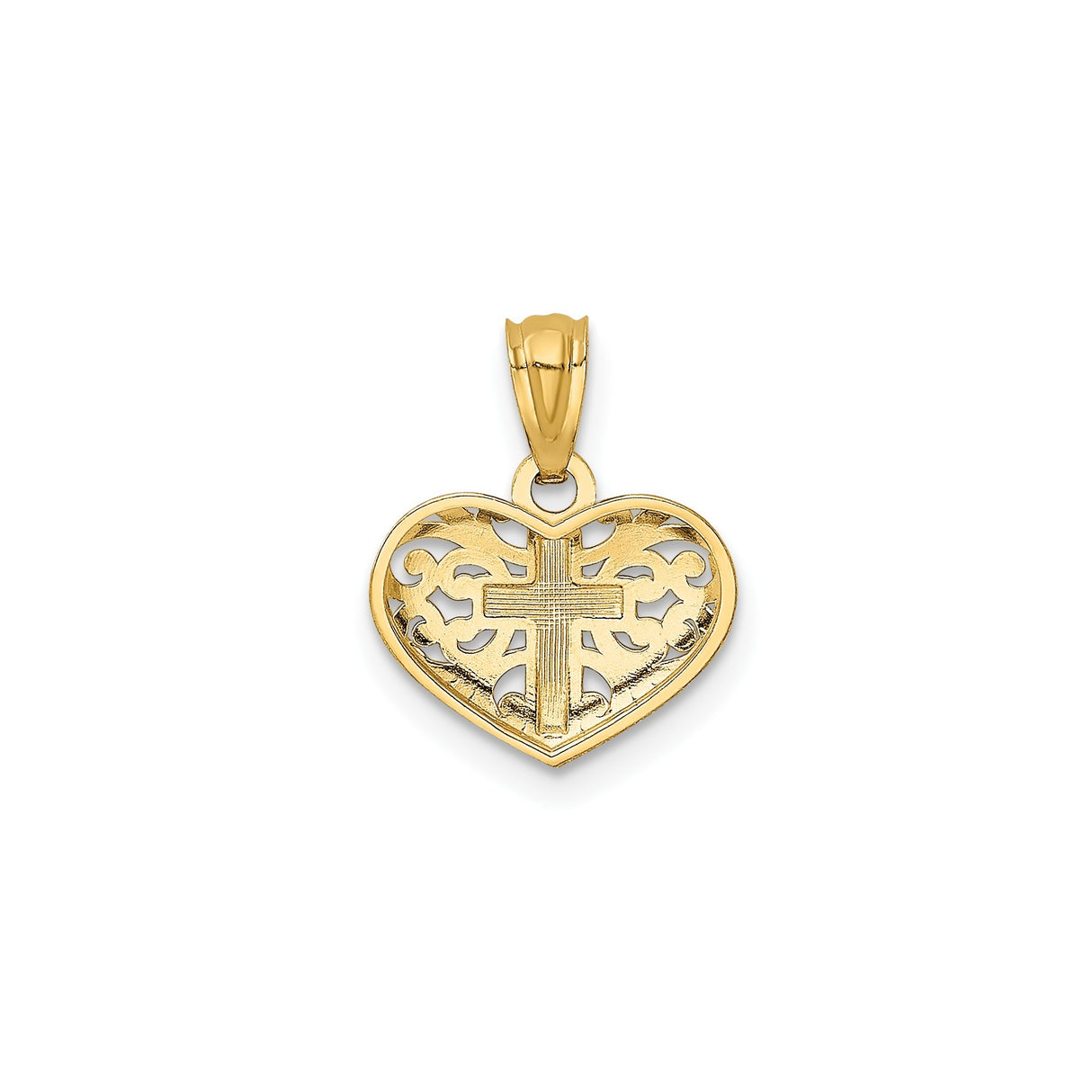 14k Multi-Tone Gold Filigree Heart Pendant with White Gold Cross Accent