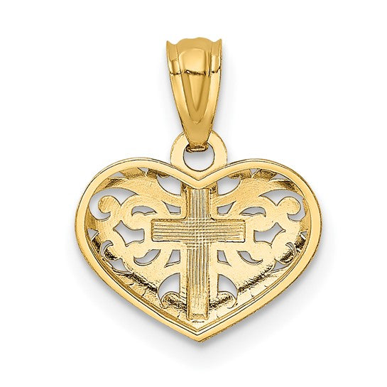 14k Multi-Tone Gold Filigree Heart Pendant with White Gold Cross Accent
