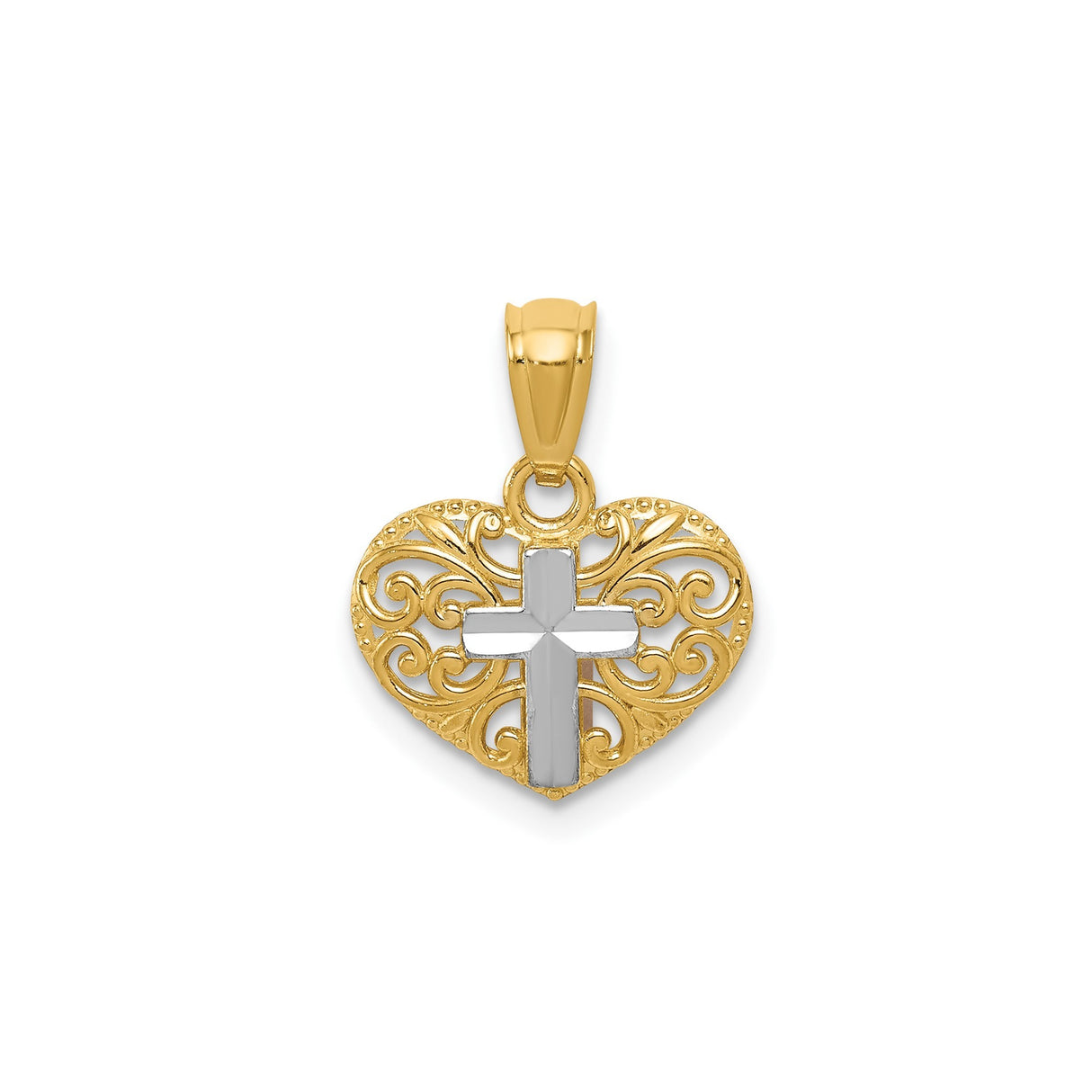 14k Multi-Tone Gold Filigree Heart Pendant with White Gold Cross Accent