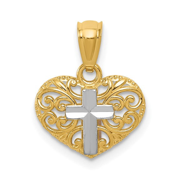 14k Multi-Tone Gold Filigree Heart Pendant with White Gold Cross Accent