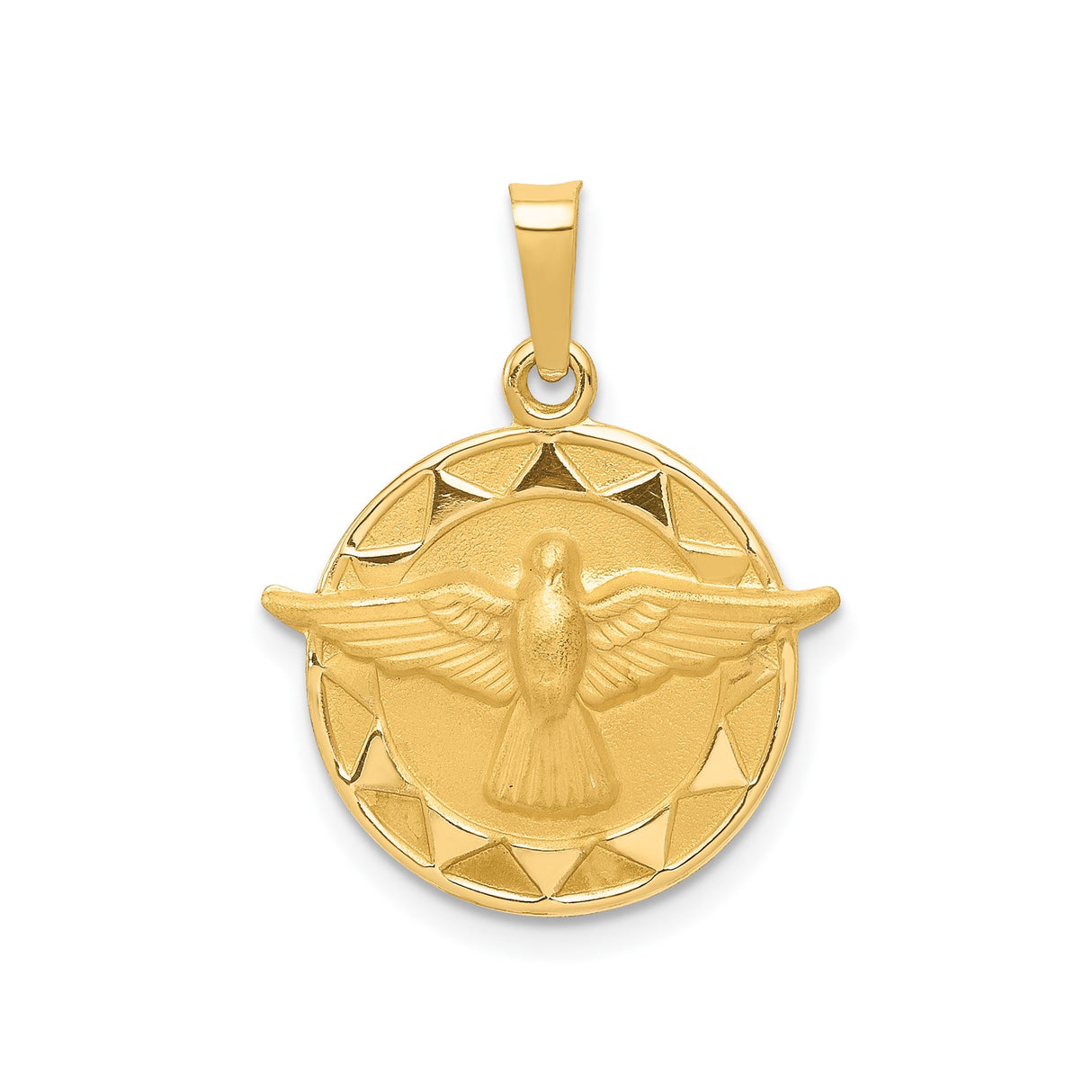 14k Yellow Gold Holy Spirit Dove Pendant with Geometric Border, Christian Medallion