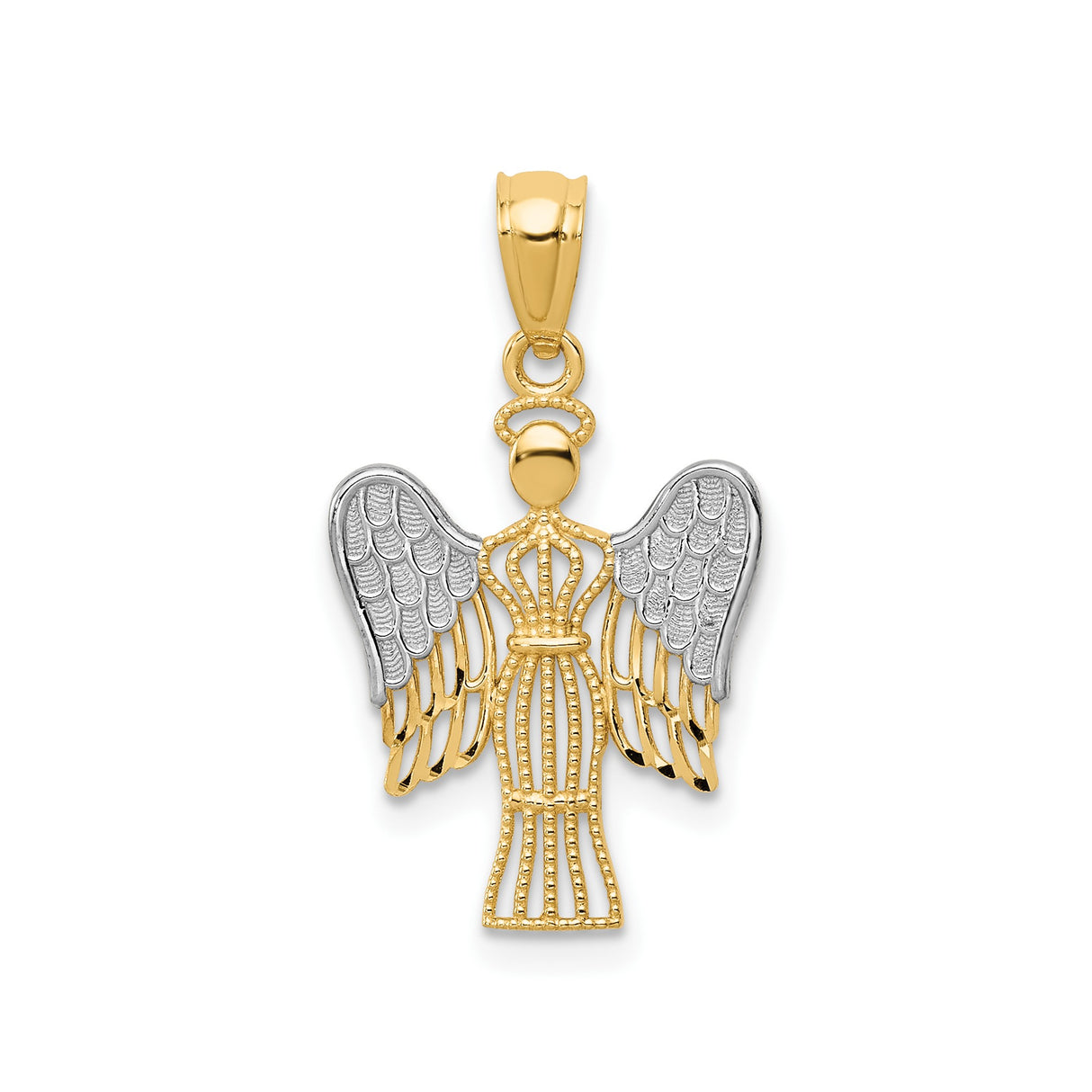 14k Two-Tone Gold Angel Pendant with Detailed Wings and Halo Design for Women