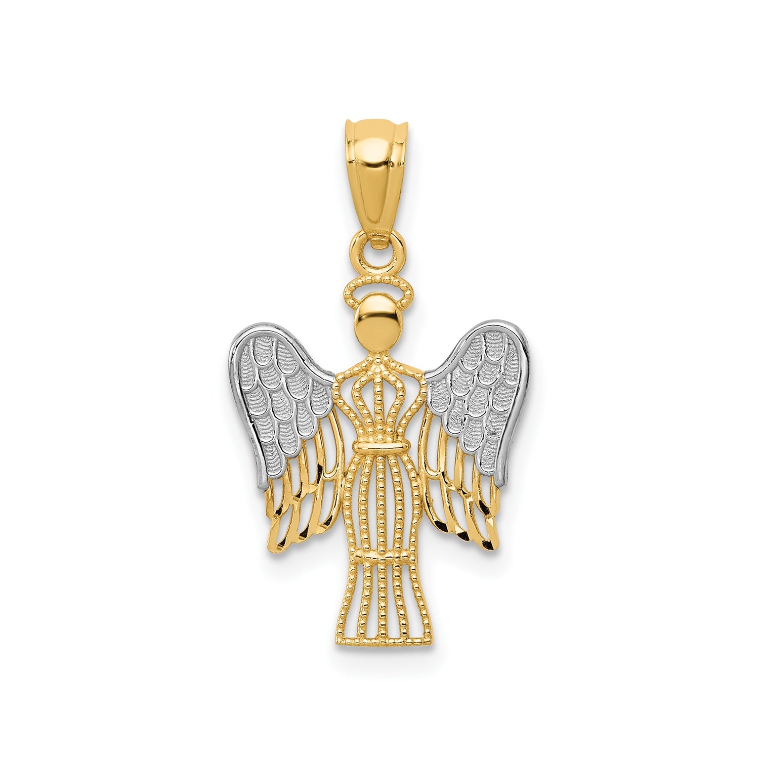 14k Two-Tone Gold Angel Pendant with Detailed Wings and Halo Design for Women