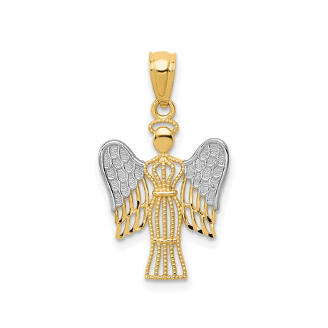 14k Two-Tone Gold Angel Pendant with Detailed Wings and Halo Design for Women