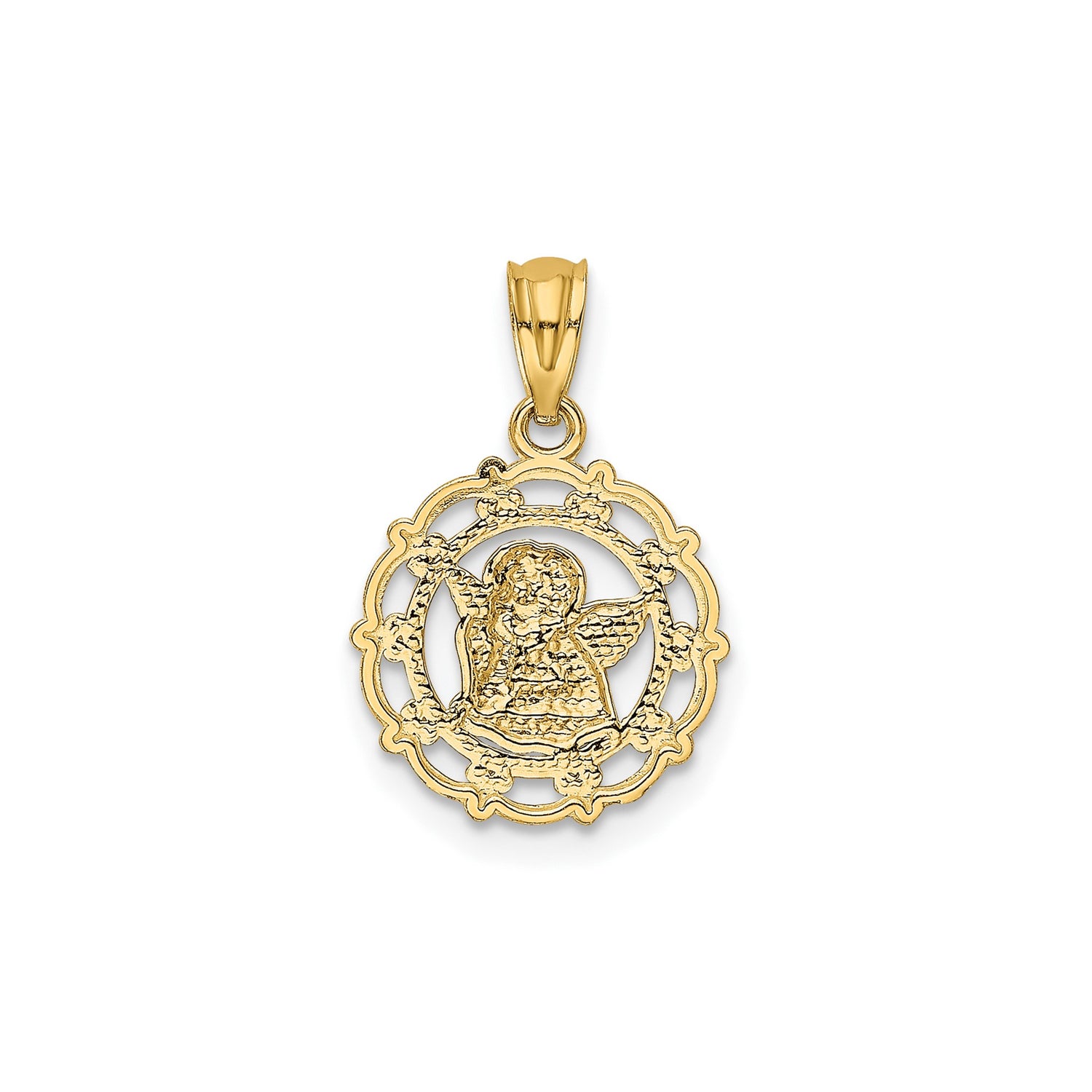 14k Multi-Tone Gold Angel Pendant with Ornate Border and Praying Cherub Design