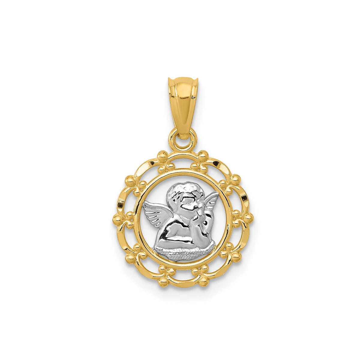 14k Multi-Tone Gold Angel Pendant with Ornate Border and Praying Cherub Design