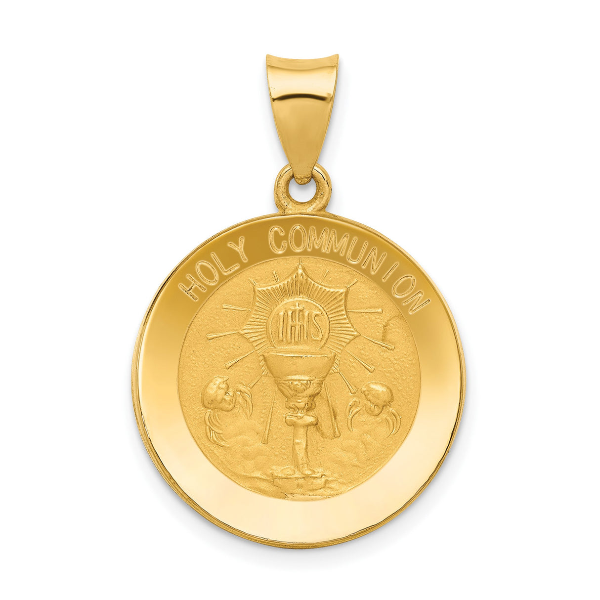 14k Yellow Gold Communion Pendant with Chalice, IHS Symbol and Rays Religious Medal