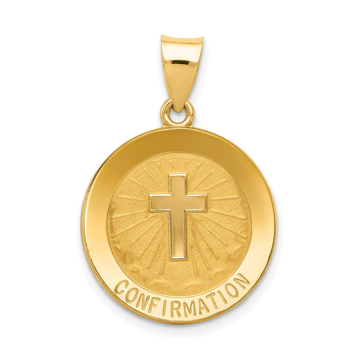 14k Yellow Gold Confirmation Pendant with Cross and Radiant Lines, Religious Charm