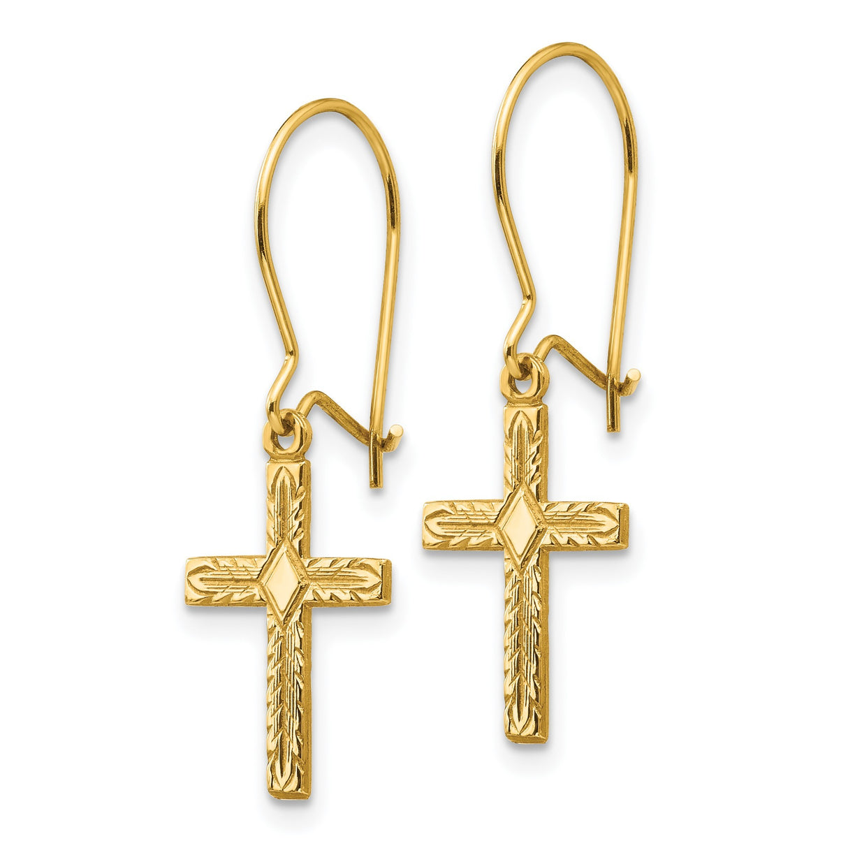 14k Yellow Gold Cross Drop Earrings, Polished and Satin Latin Design Religious Jewelry