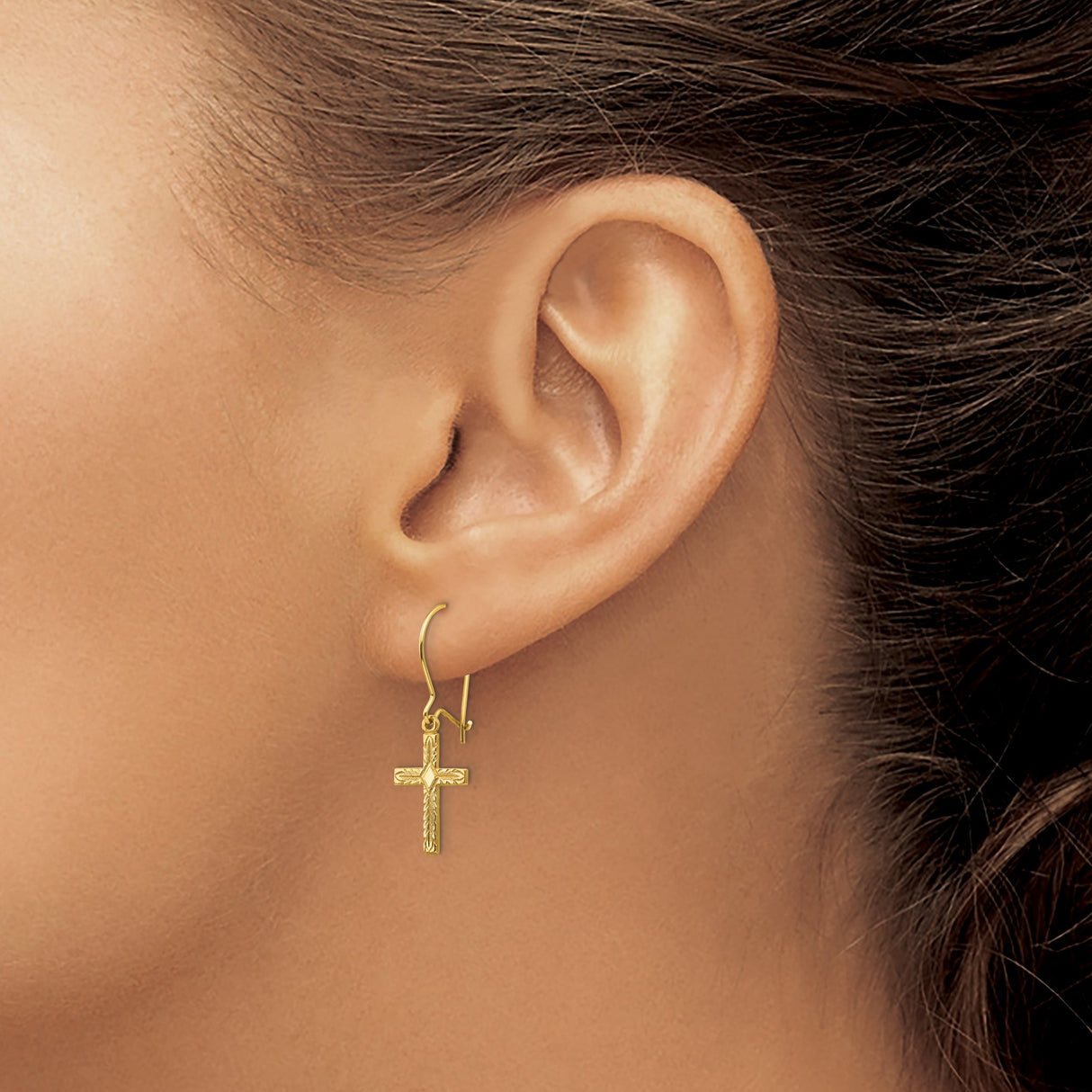 14k Yellow Gold Cross Drop Earrings, Polished and Satin Latin Design Religious Jewelry
