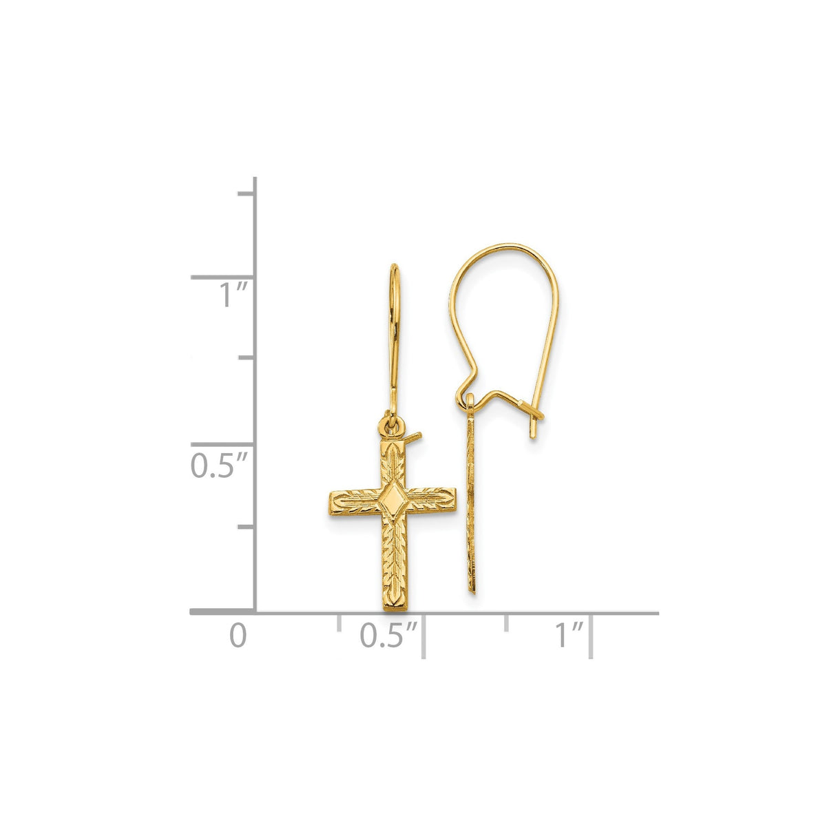 14k Yellow Gold Cross Drop Earrings, Polished and Satin Latin Design Religious Jewelry