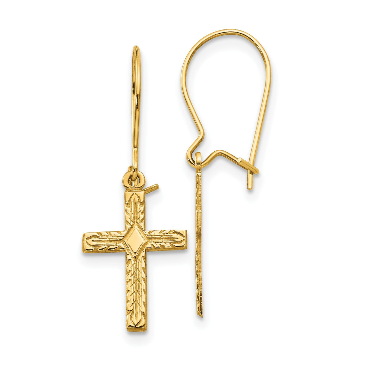 14k Yellow Gold Cross Drop Earrings, Polished and Satin Latin Design Religious Jewelry