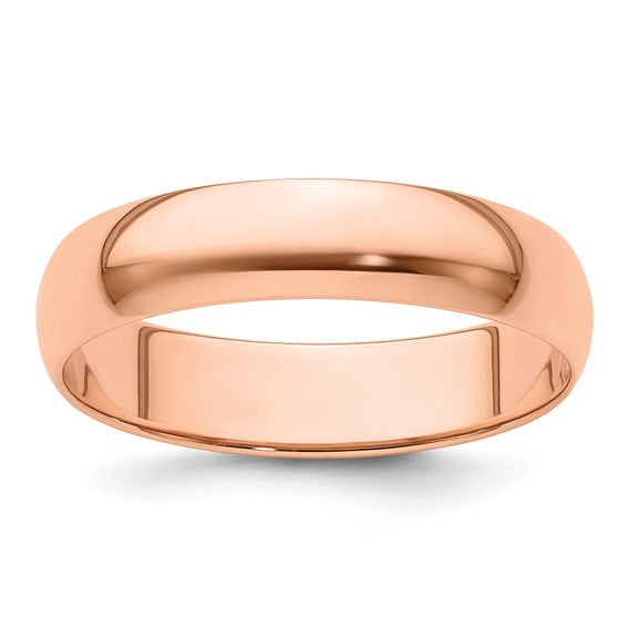 14K Rose Gold Solid Half-Round Domed Wedding Band No Stone, Lightweight 5mm Ring