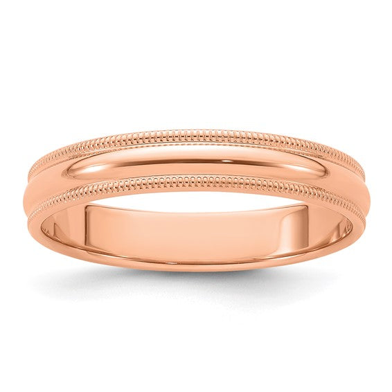 14K Rose Gold Milgrain Half-Round Elegant Wedding Band, Domed 4mm Solid Ring
