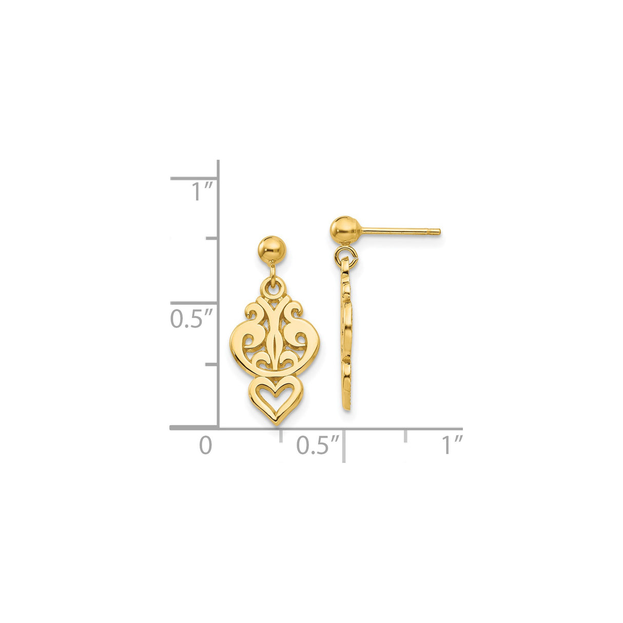 14k Yellow Gold Dangle Earrings with Scroll Heart Design and Openwork Filigree Detailing