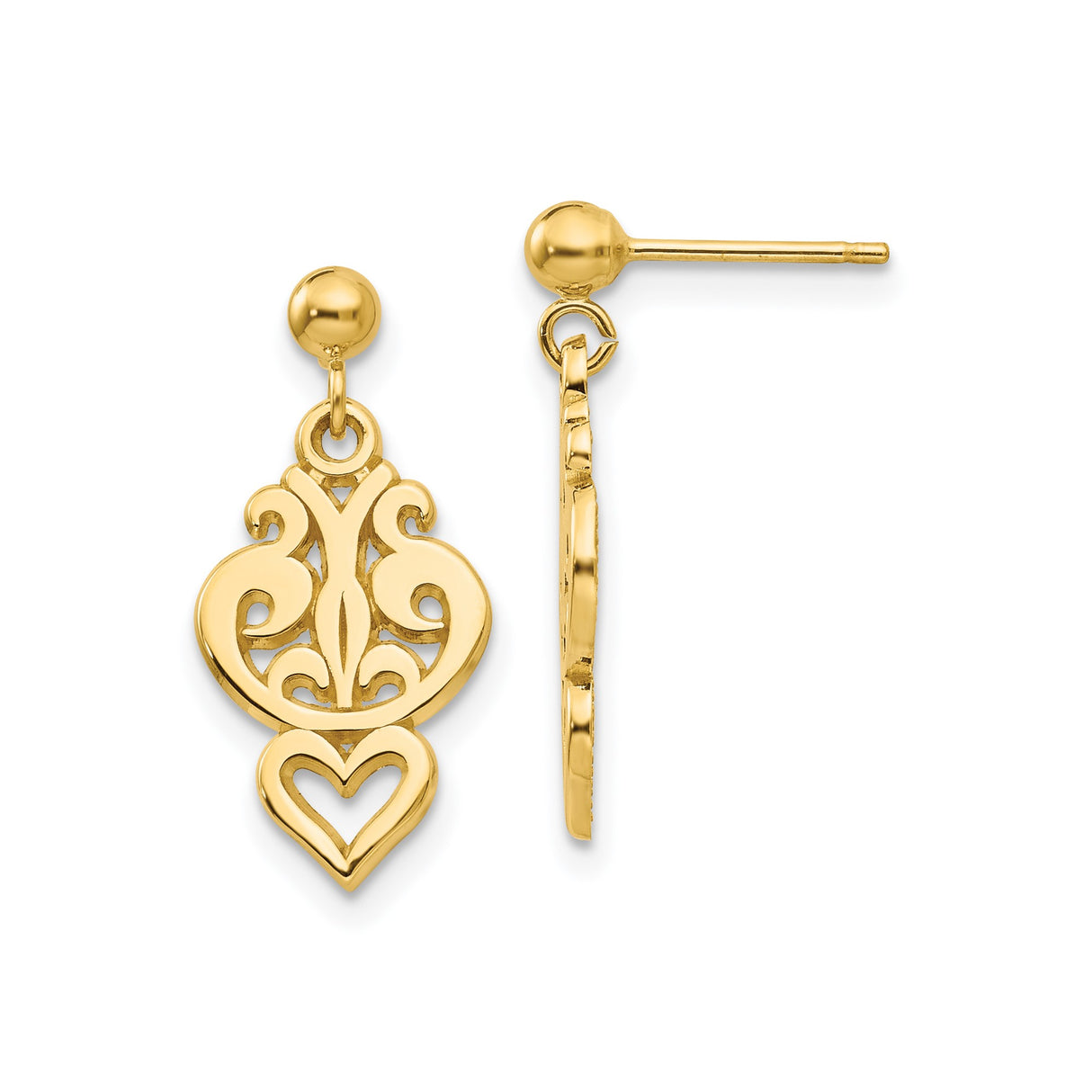 14k Yellow Gold Dangle Earrings with Scroll Heart Design and Openwork Filigree Detailing