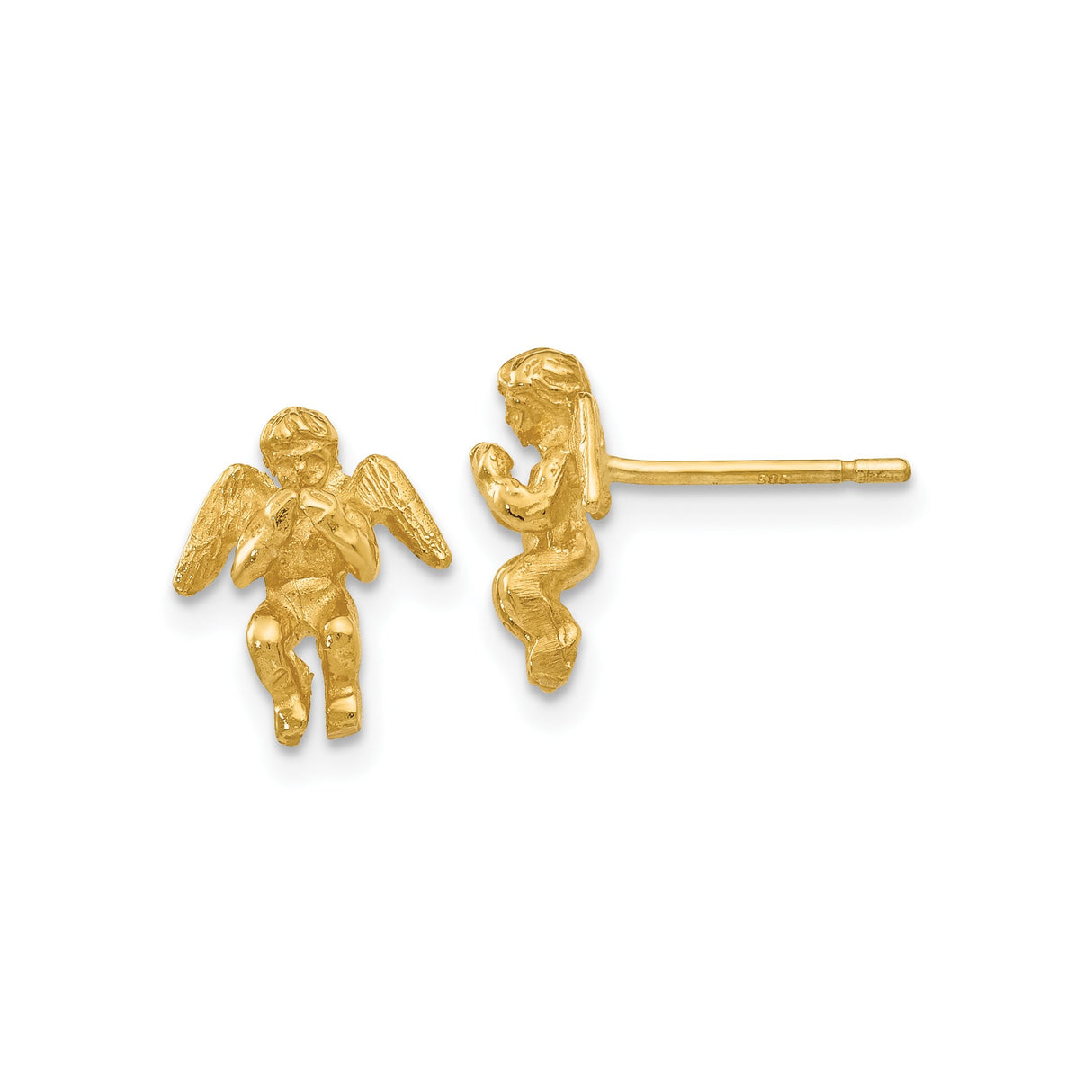 14k Yellow Gold Praying Angel Stud Earrings, Detailed Religious Design for Women