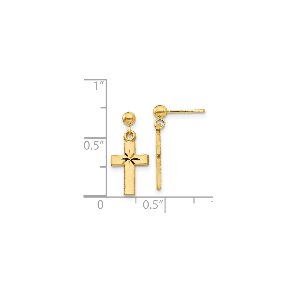 14k Yellow Gold Cross Drop Earrings with Diamond Cut Detail and Satin Finish for Men and Women
