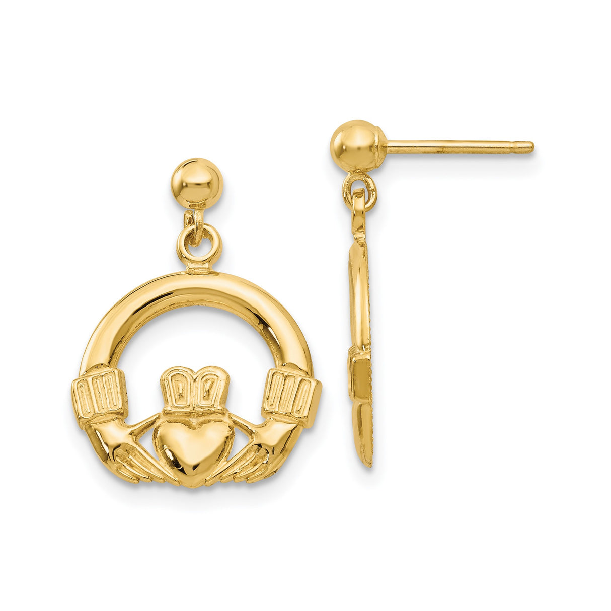 14k Yellow Gold Claddagh Stud Earrings, Irish Celtic Heart and Crown Symbol Design for Women