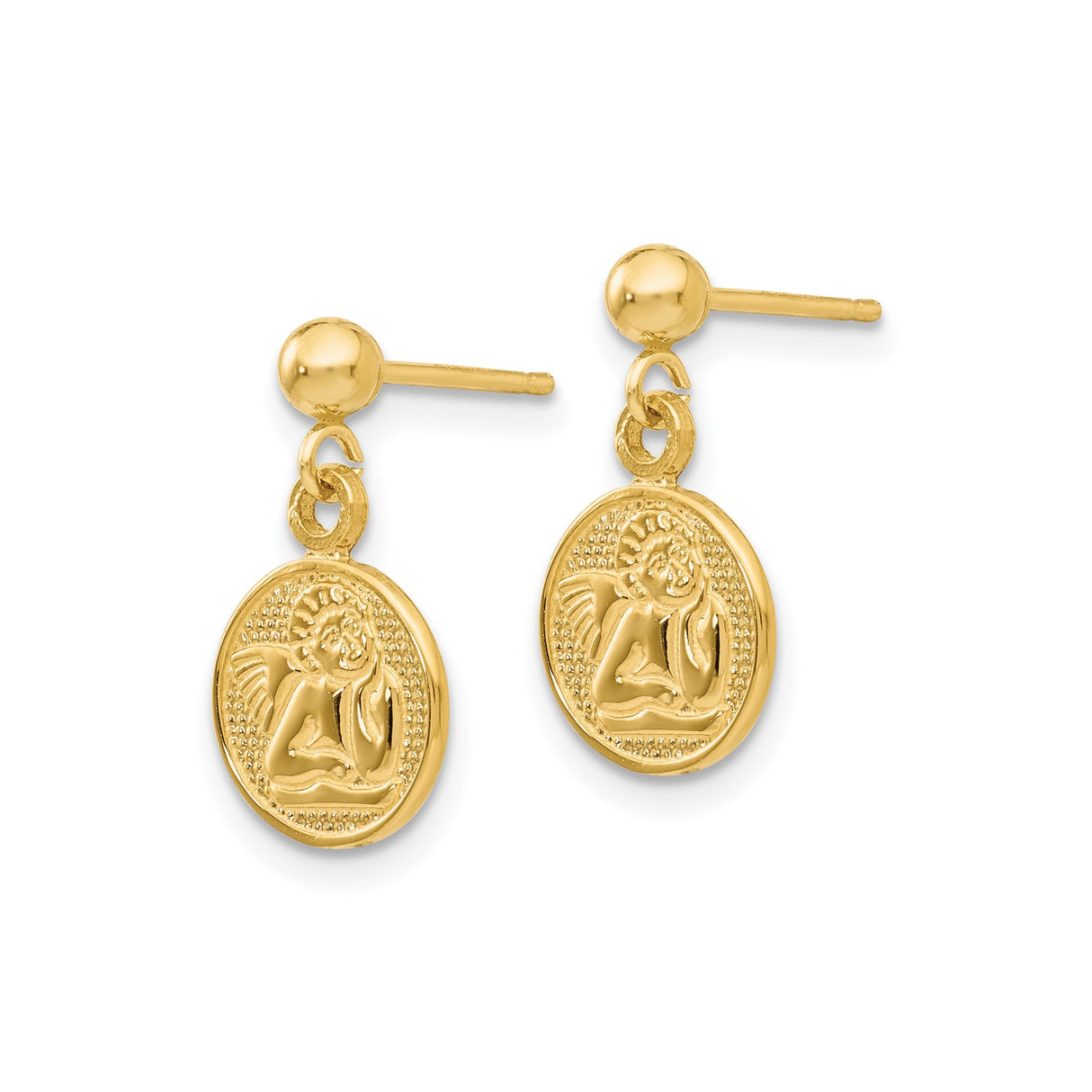 14k Yellow Gold Dangle Earrings with Cherub Medallion, Embossed Angel Design, Christian Jewelry