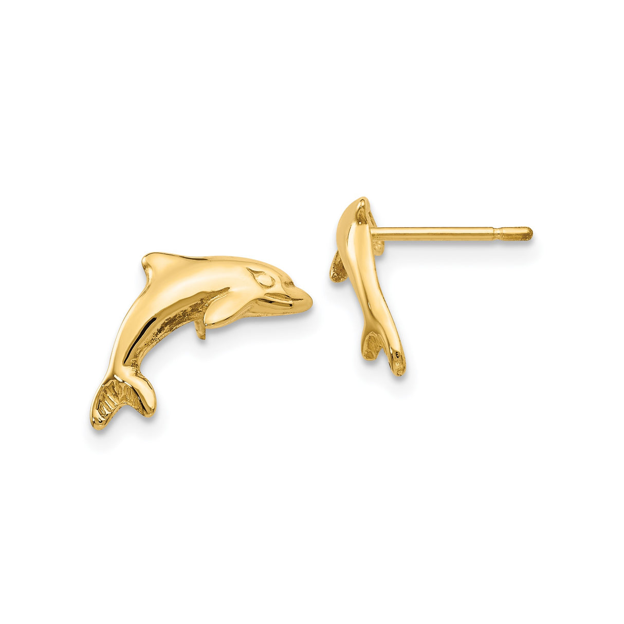 14k Yellow Gold Dolphin Stud Earrings, Polished Jumping Dolphin Design, Ocean-Inspired Jewelry