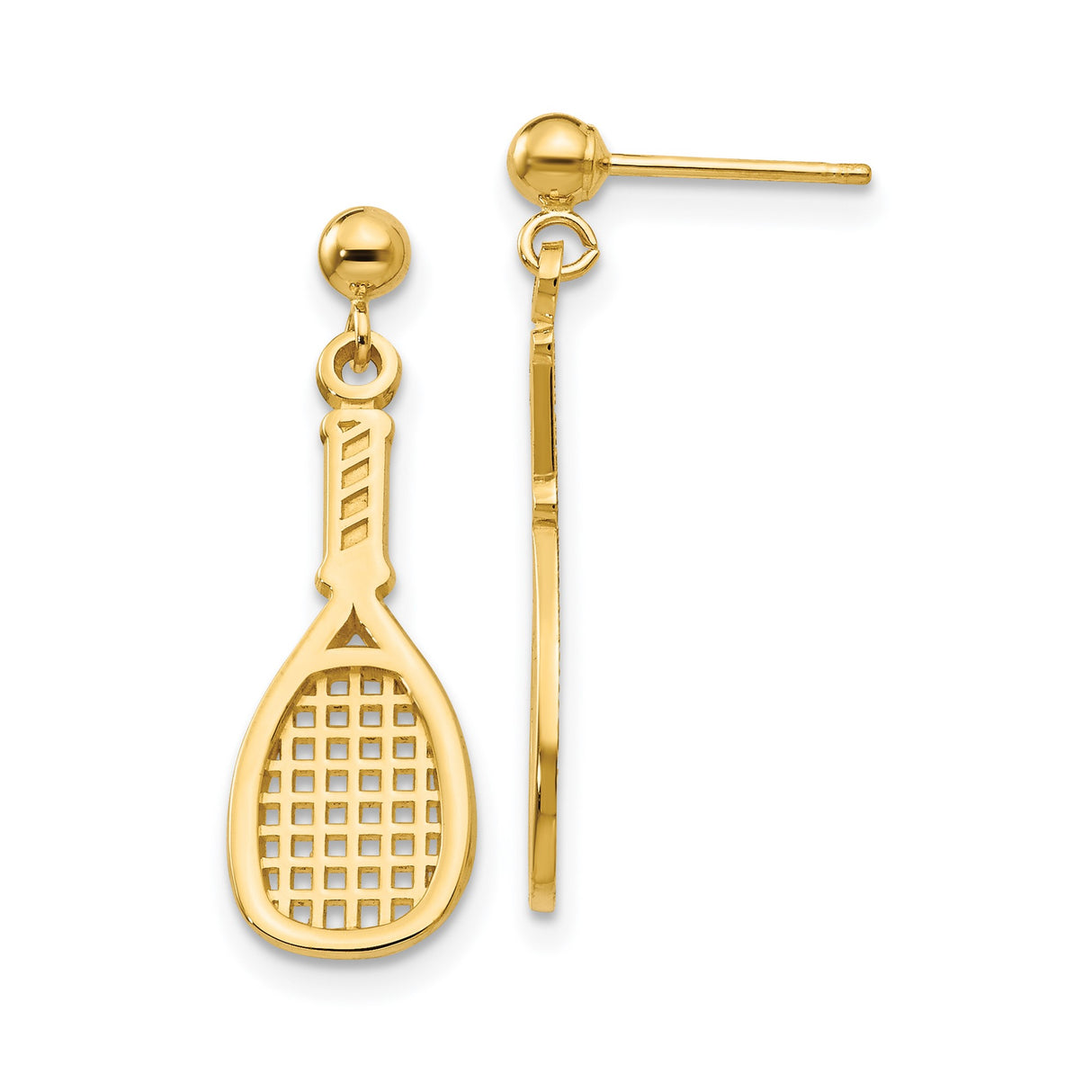 14k Yellow Gold Dangle Tennis Racket Earrings with Cutout Motif Design for Women