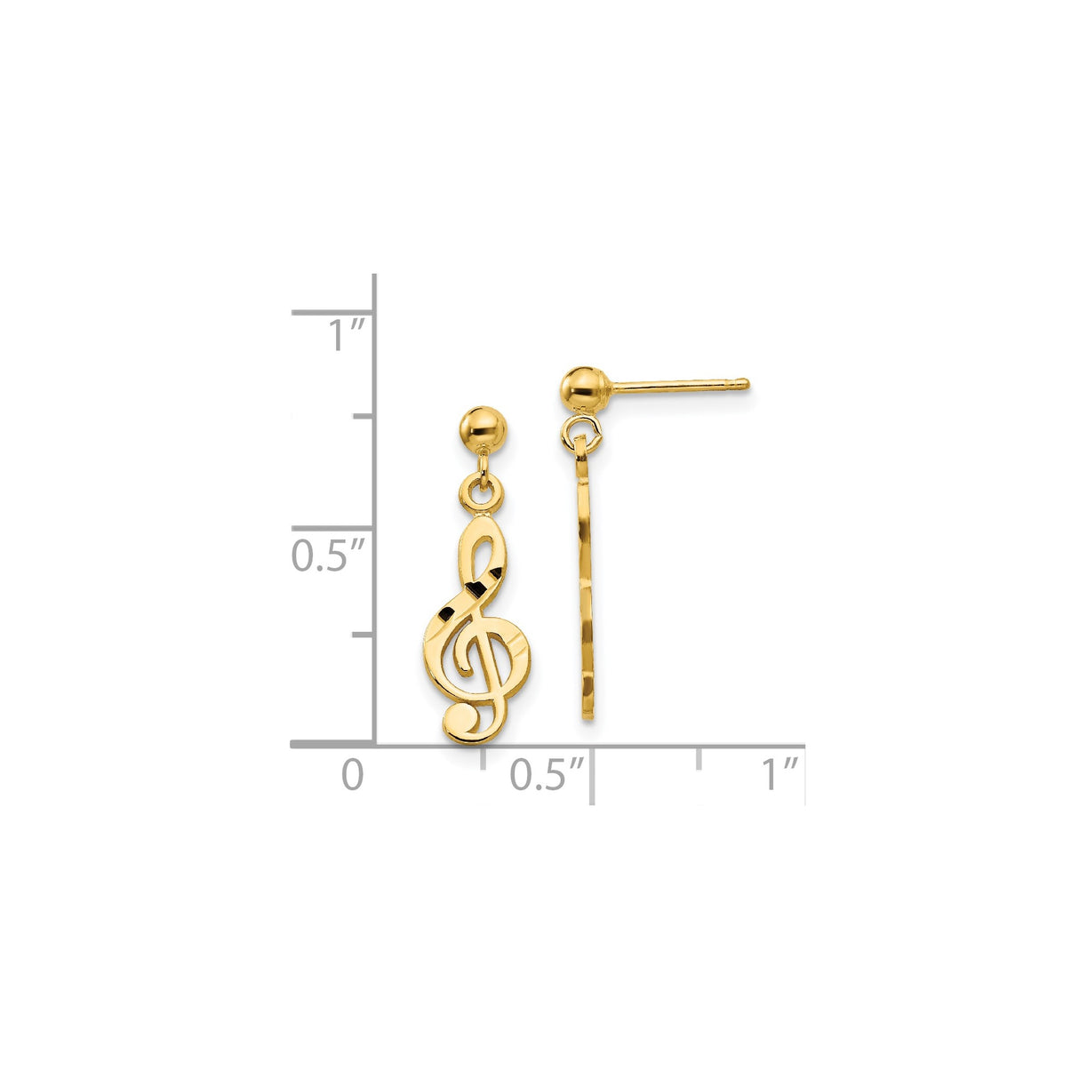 14k Yellow Gold Treble Clef Dangle Earrings, Music Note Design for Women