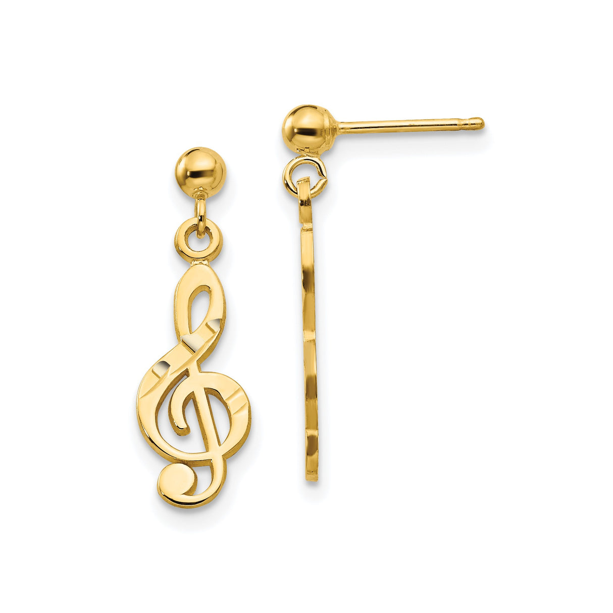 14k Yellow Gold Treble Clef Dangle Earrings, Music Note Design for Women