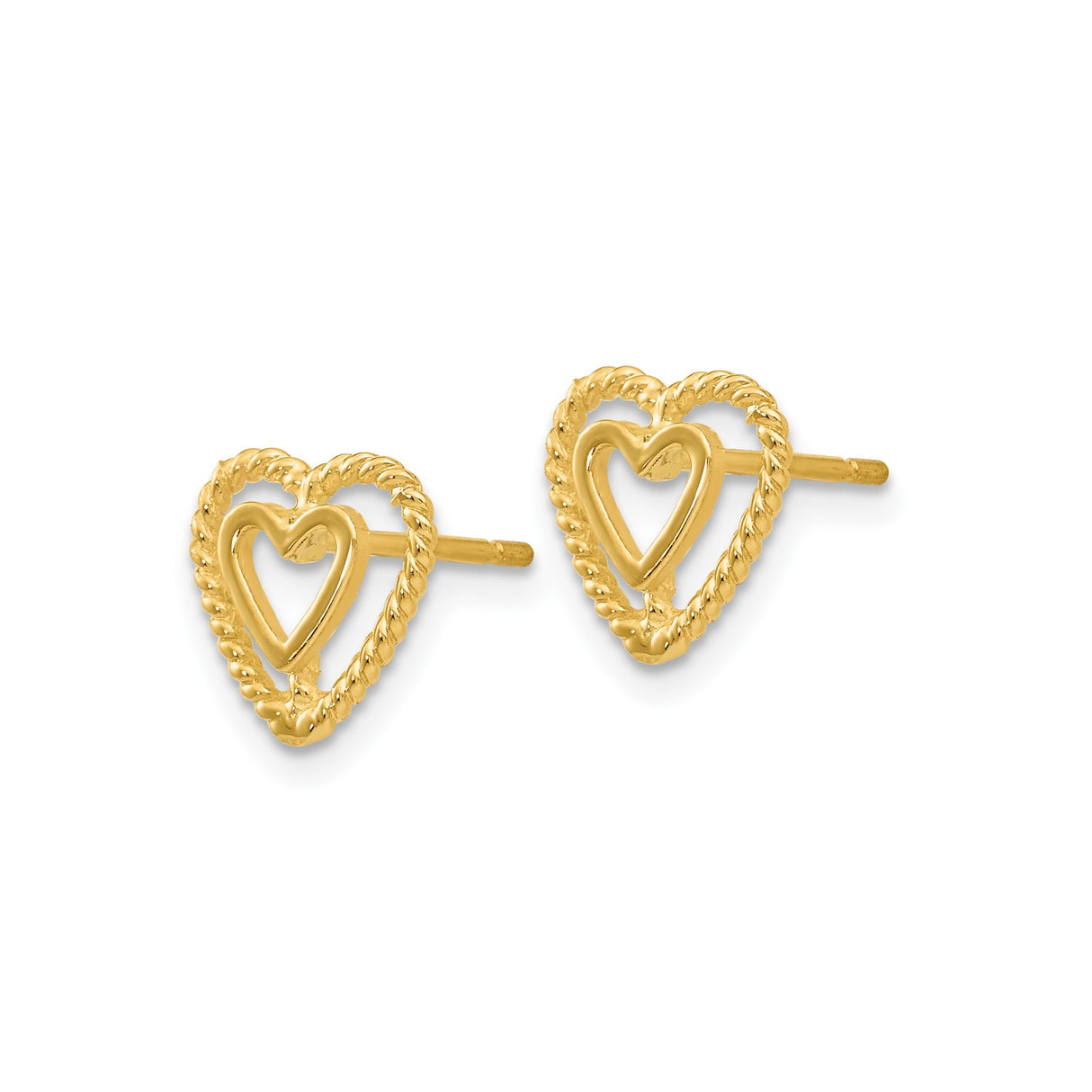 14k Yellow Gold Heart Stud Earrings with Twisted Rope Outline and Open Center