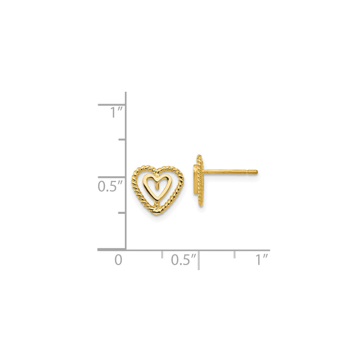 14k Yellow Gold Heart Stud Earrings with Twisted Rope Outline and Open Center
