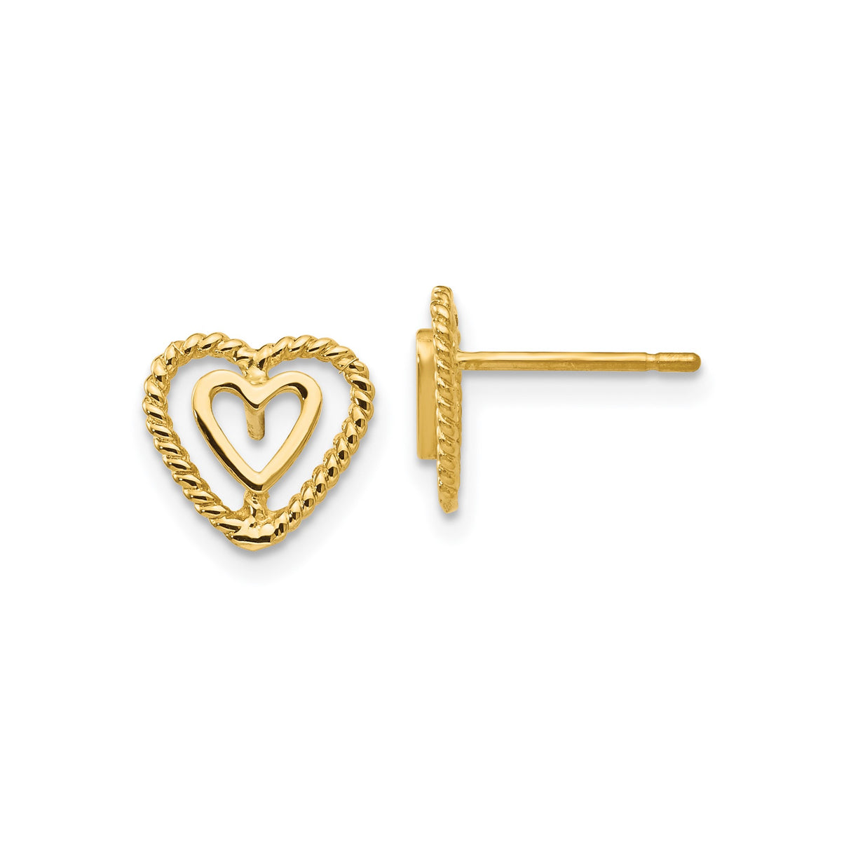 14k Yellow Gold Heart Stud Earrings with Twisted Rope Outline and Open Center