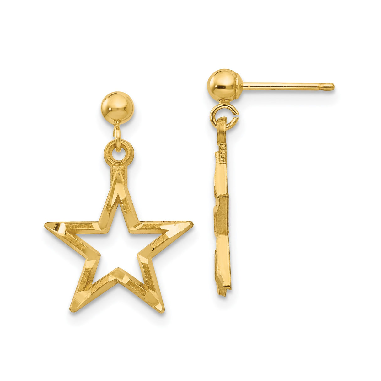 14k Yellow Gold Dangle Earrings with Open Star Design, Lightweight Celestial Style for Women