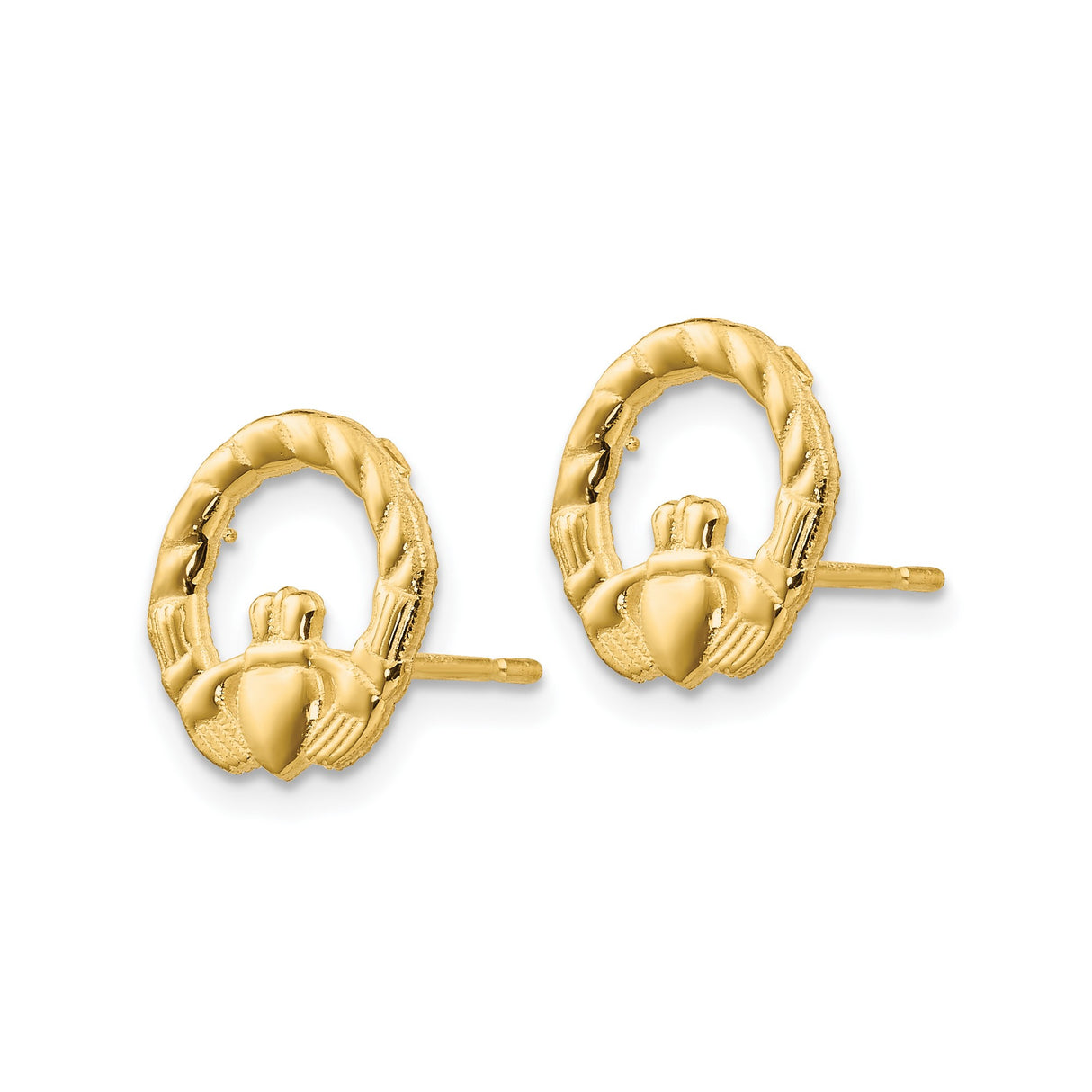 14k Yellow Gold Claddagh Stud Earrings, Celtic Heart with Crown and Hands Design