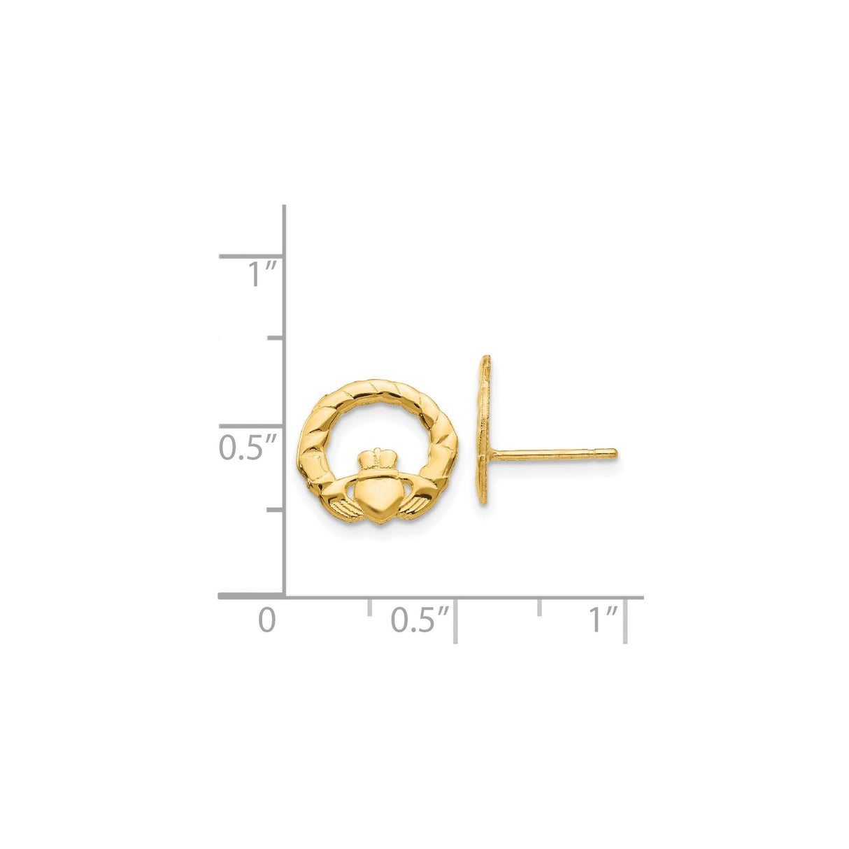14k Yellow Gold Claddagh Stud Earrings, Celtic Heart with Crown and Hands Design