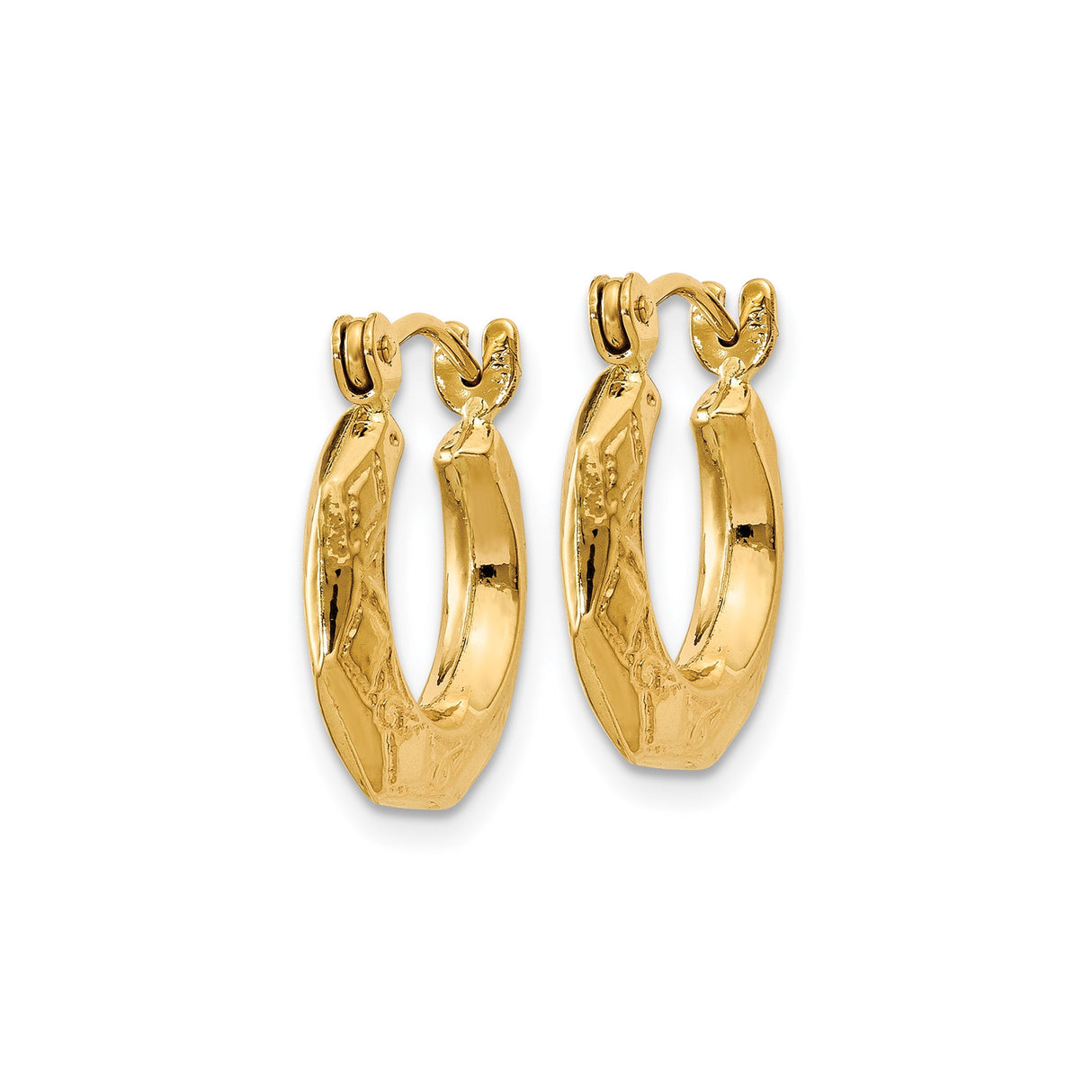 14k Yellow Gold Octagonal Hoop Earrings, Textured Geometric Lightweight Design