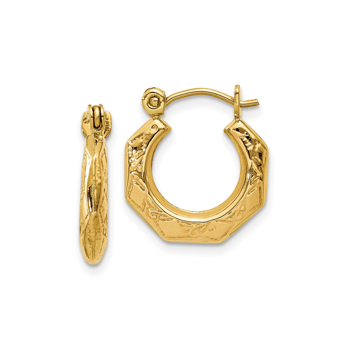 14k Yellow Gold Octagonal Hoop Earrings, Textured Geometric Lightweight Design